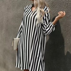 Striped Notched Neck Dress, Elegant Long Sleeve Dress For Spring & Summer
